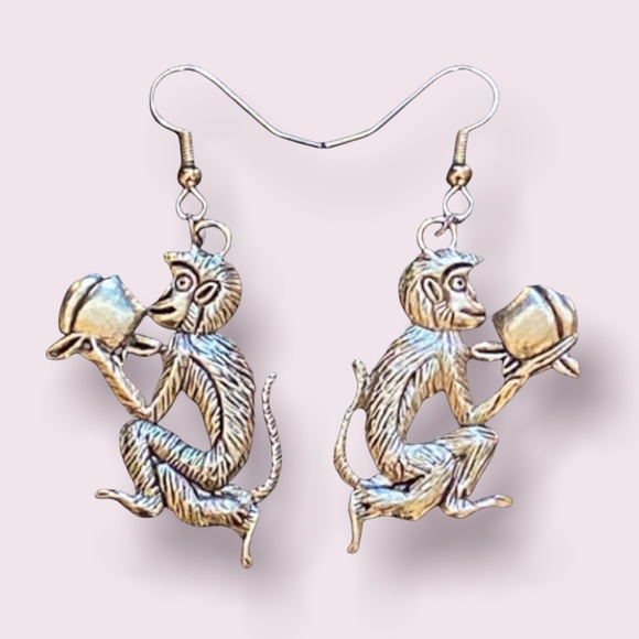 Hand Crafted Jewelry - Hand Crafted Earrings Silver Monkey Long Dangle Cute Ape Pierced Simian